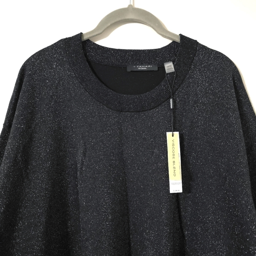 T TAHARI Plus Size Glitter Metallic Black Knit Crewneck Sweater, Longer Back, 1X - Picture 9 of 17